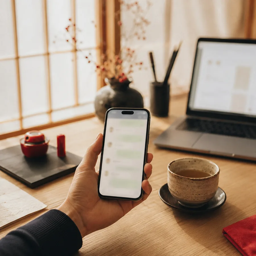 スマホでLINEのやり取りをする手元