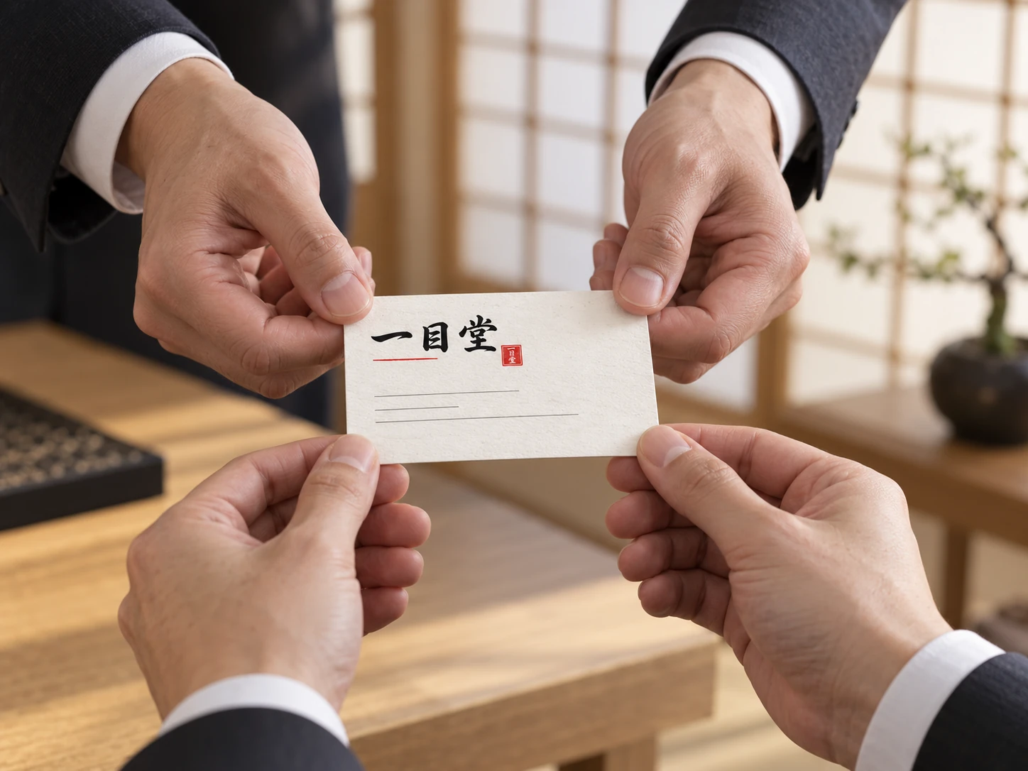 名刺を差し出す手と、それを受け取る手