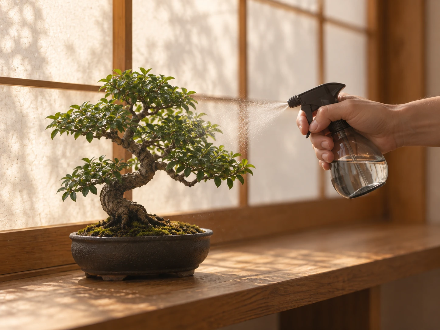 窓辺の盆栽に霧吹きで水をあたえている手元