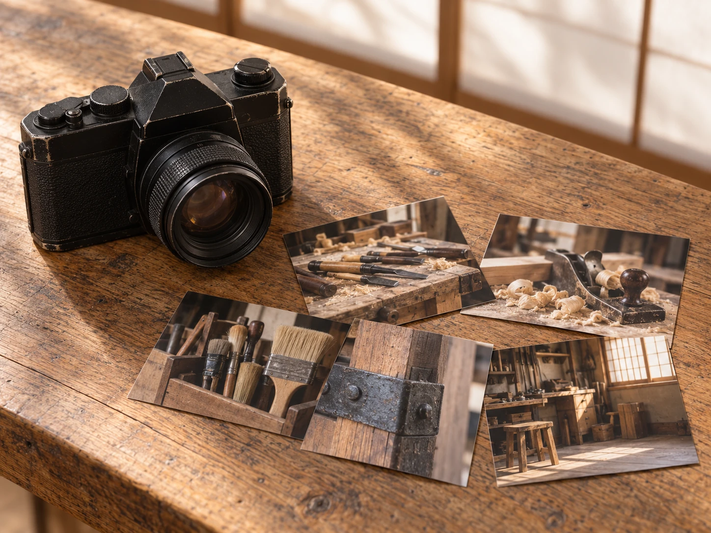 フィルムカメラと、机に広げられた何枚かの写真