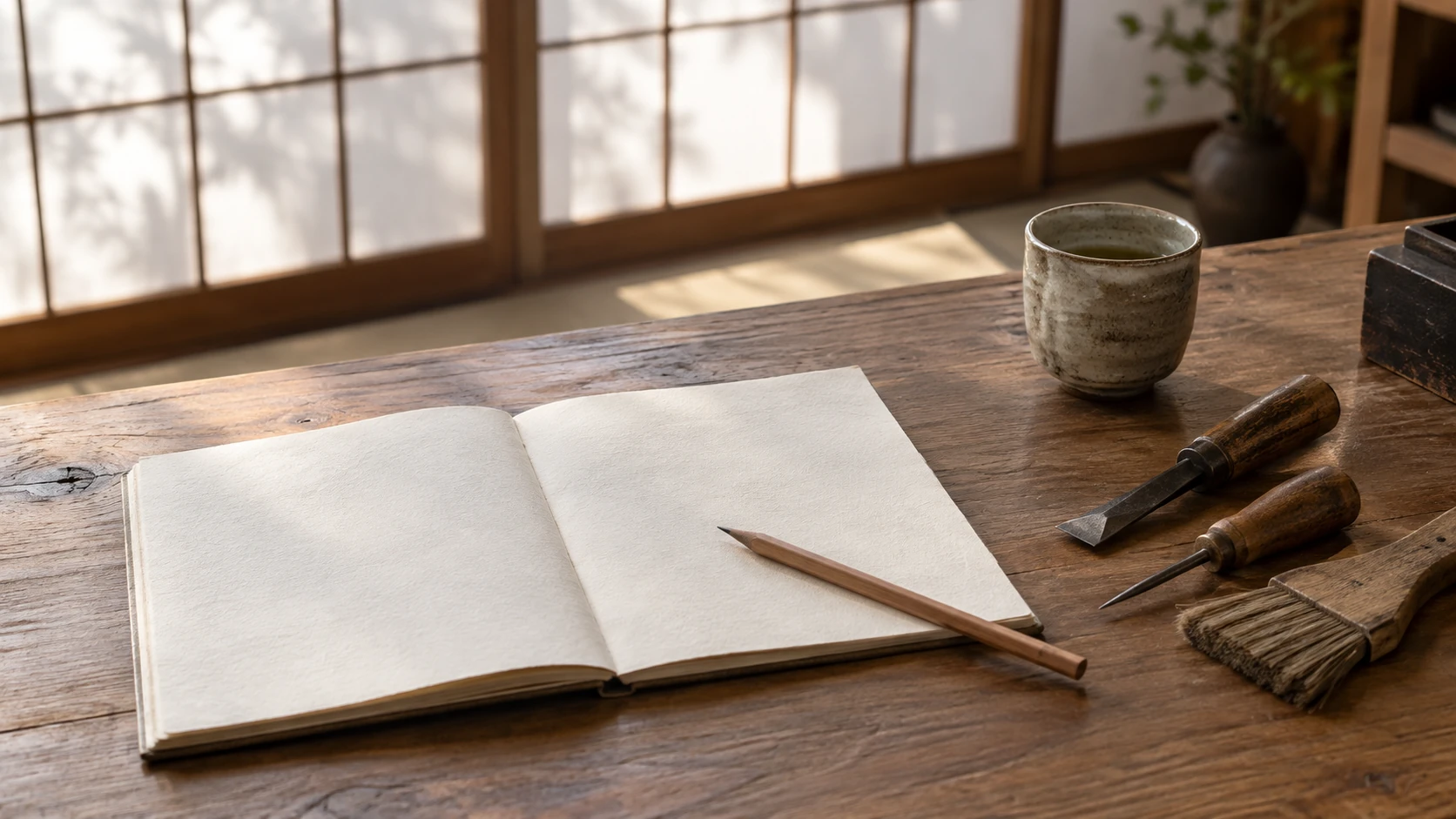 机に開かれた白紙の帳面と万年筆、かたわらに仕事道具