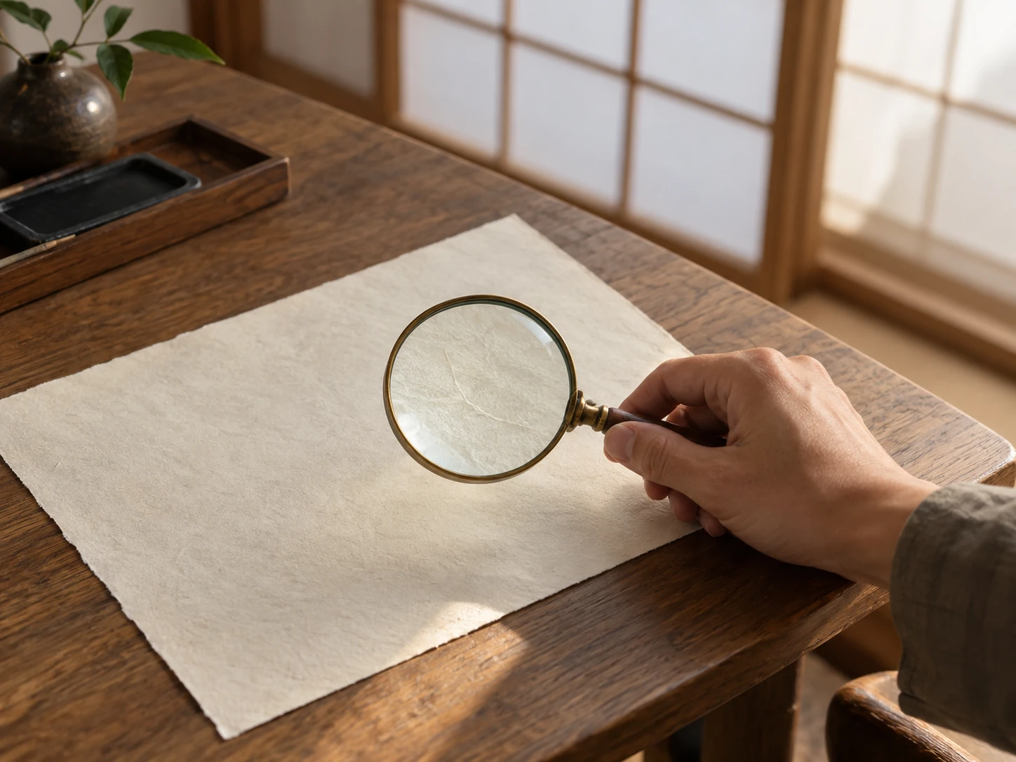 虫眼鏡で和紙の表面を確かめている手元