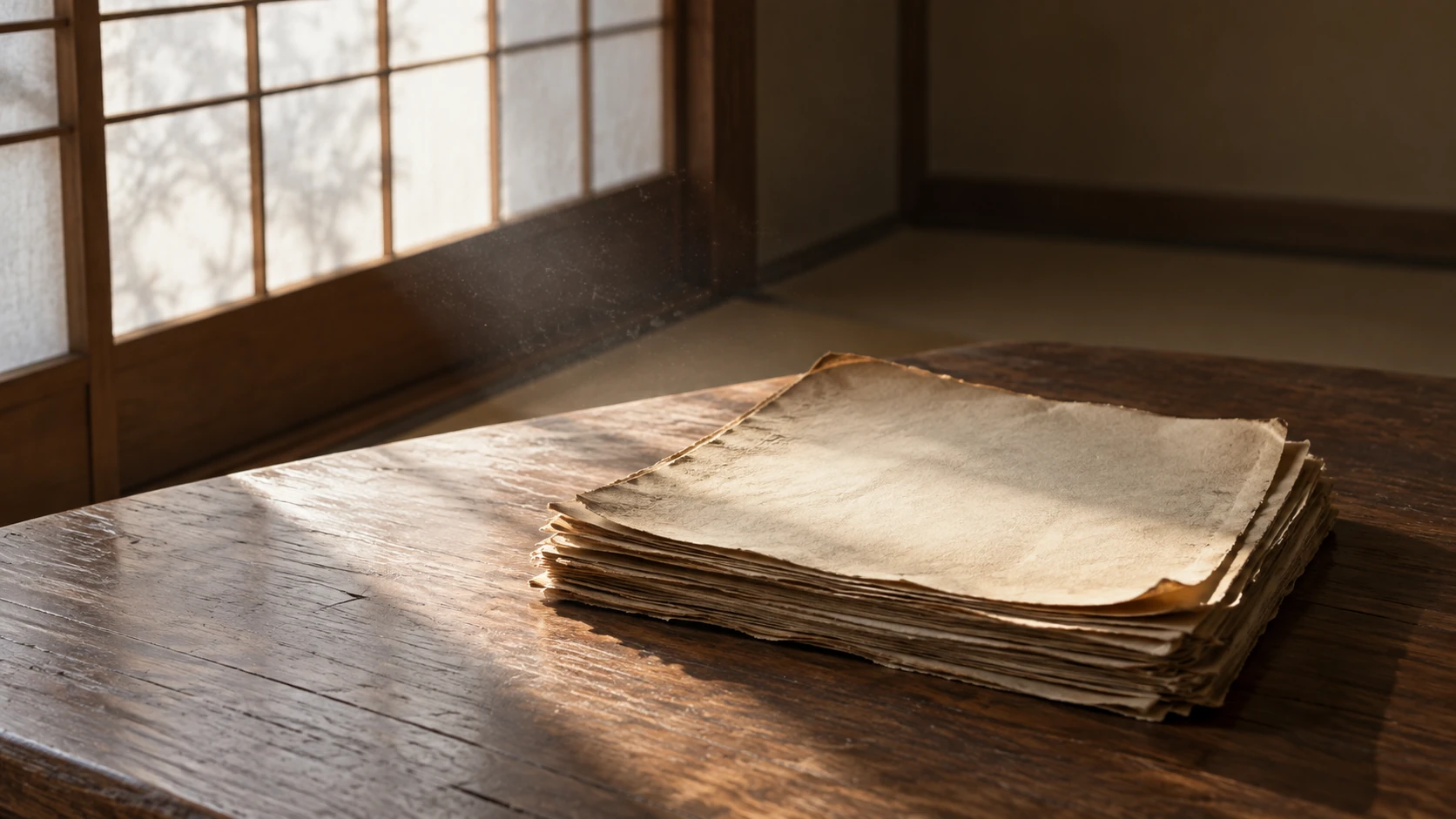机に重ねて置かれた、時を経て色の変わった紙の束