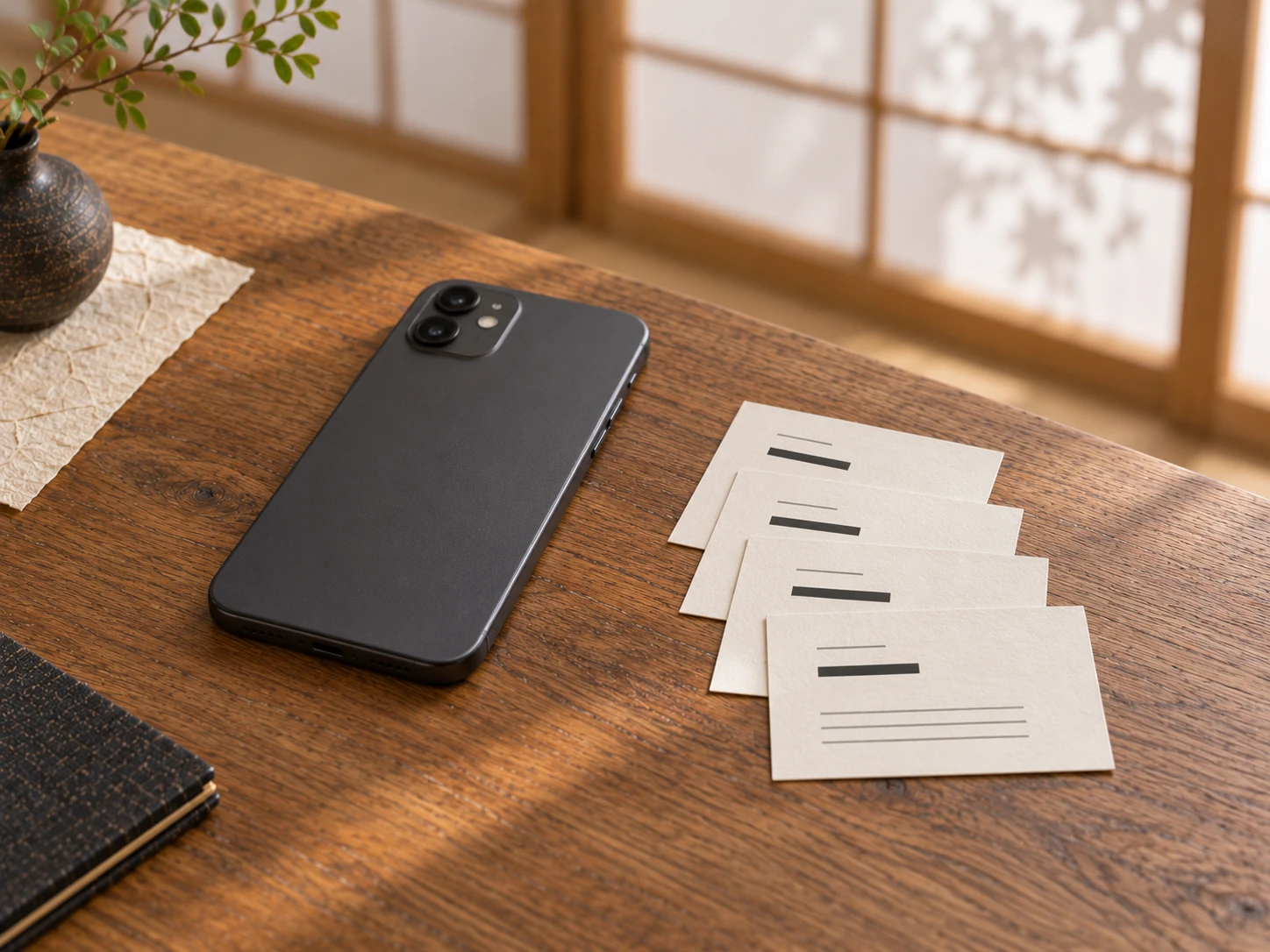 机に伏せて置かれたスマートフォンと、重ねられた名刺