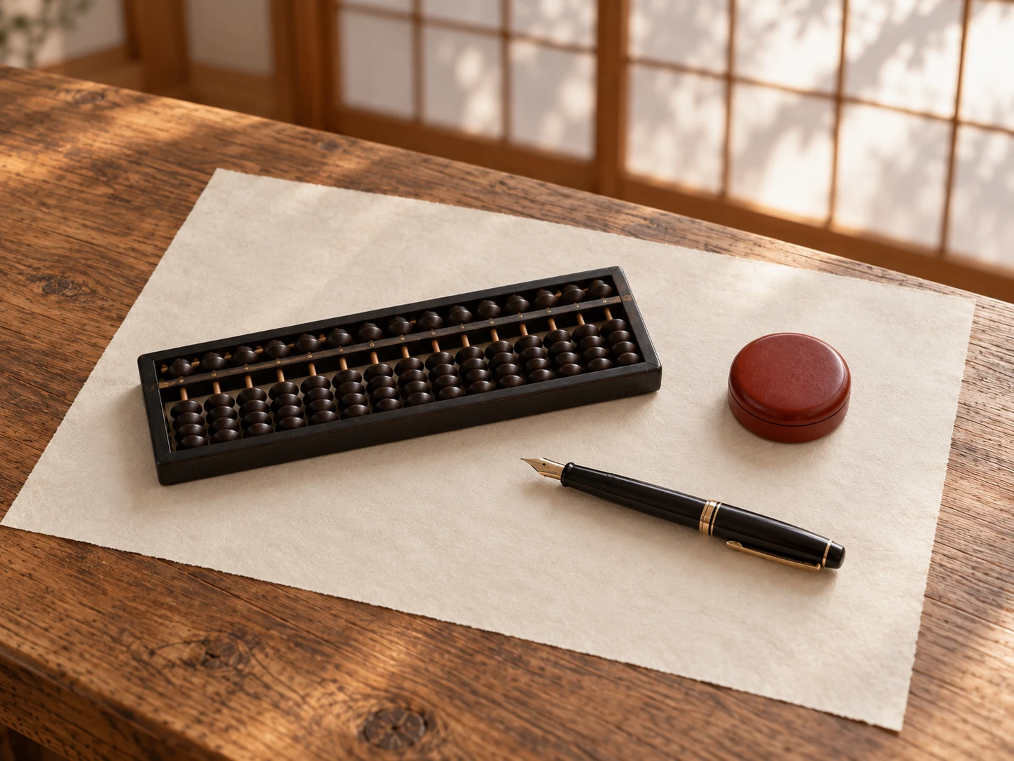 和紙の上に置かれた黒い算盤と万年筆、朱肉の容器