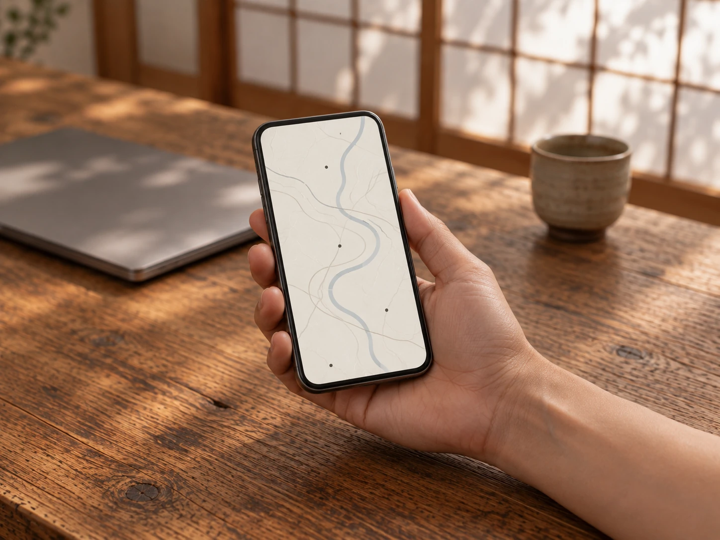 手のひらの上のスマートフォンに地図が表示されている