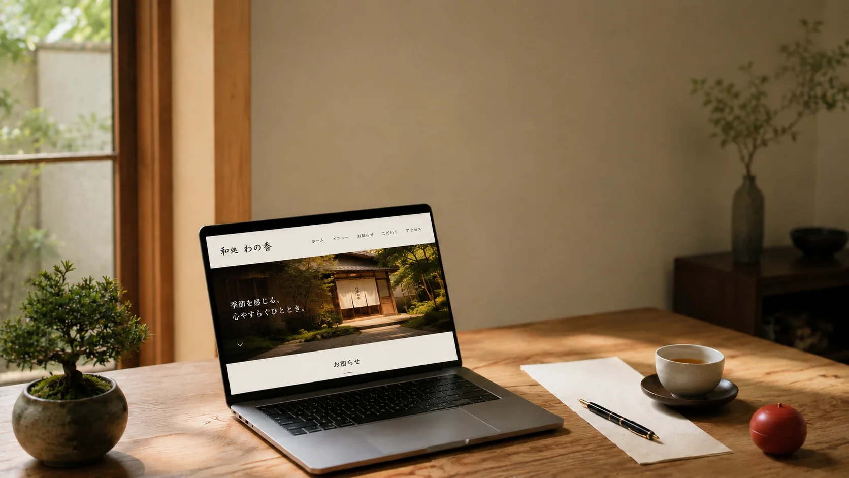 木の机に置かれたノートパソコンに表示された一目堂のホームページ