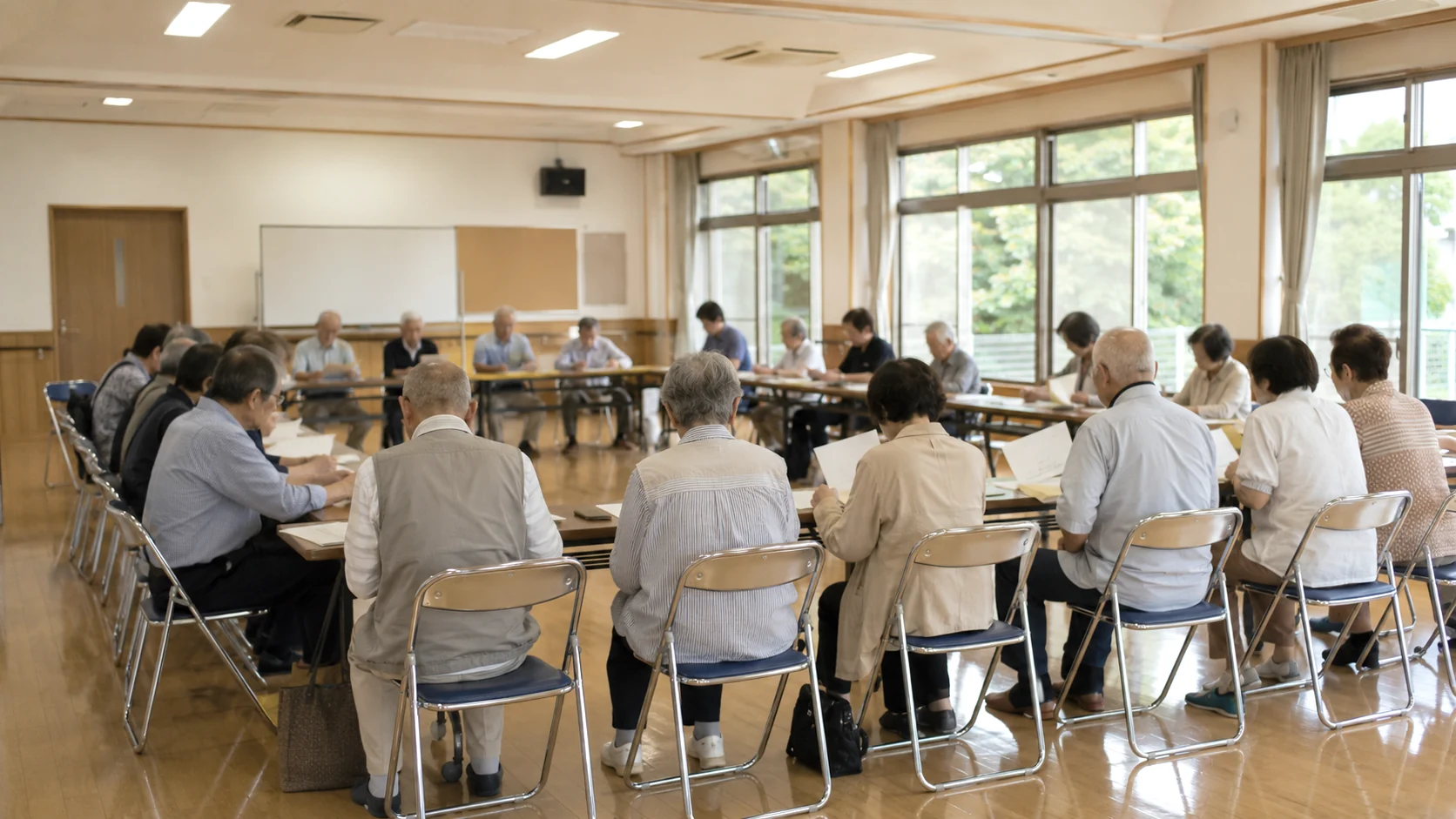 自治会館で資料を見ながら話し合う役員の皆さま