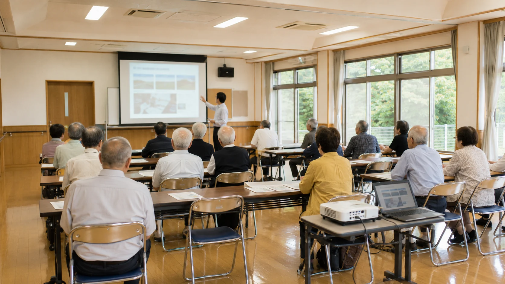 自治会館でプロジェクターとスクリーンを使い、ホームページについてご説明している様子